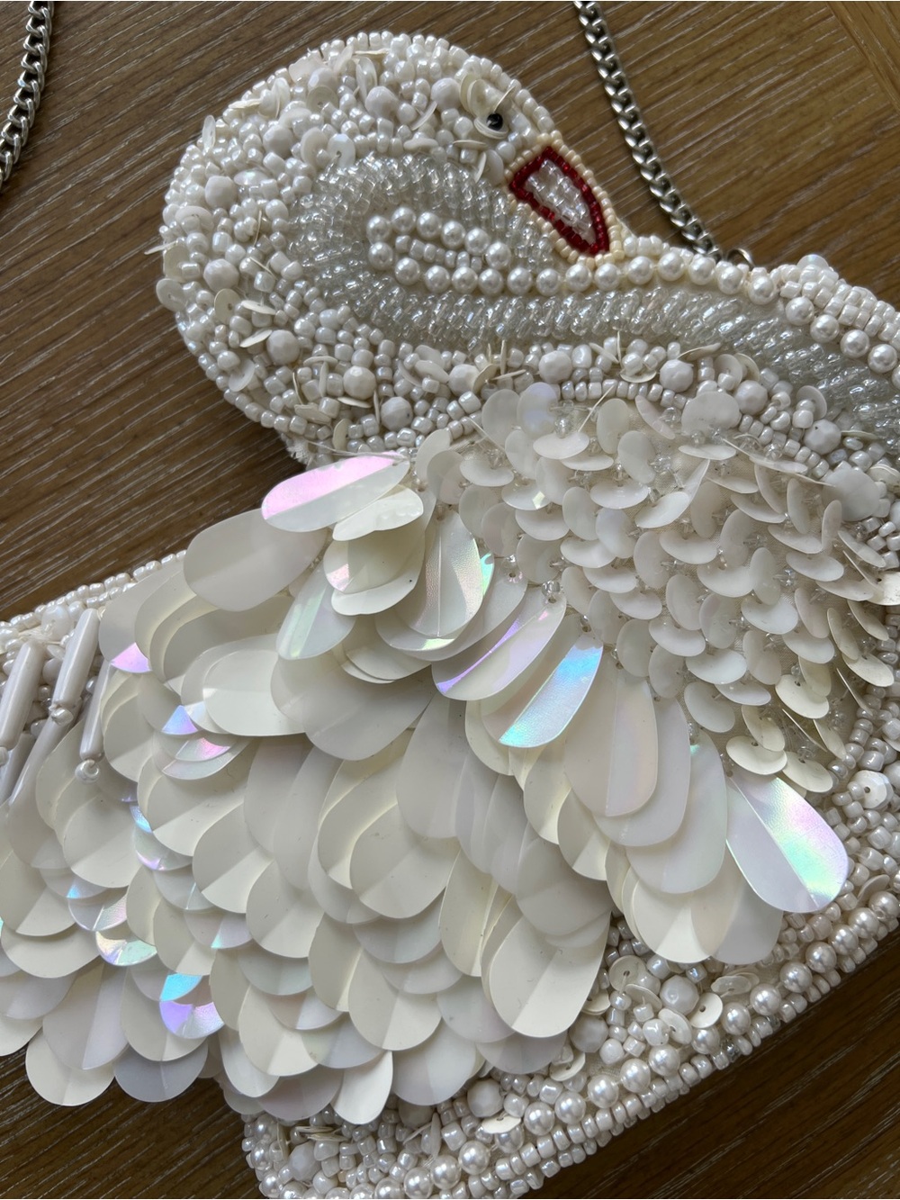 White Beaded Swan Crossbody with Chain Strap - Picture 2 of 4